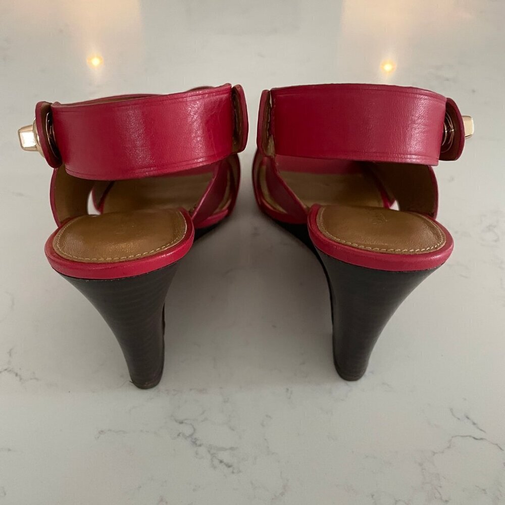 Coach Rosanne Wedge Manmade Cross Strap Sandal Turnlock Gold Hard Red Brown 9.5B - Picture 5 of 13